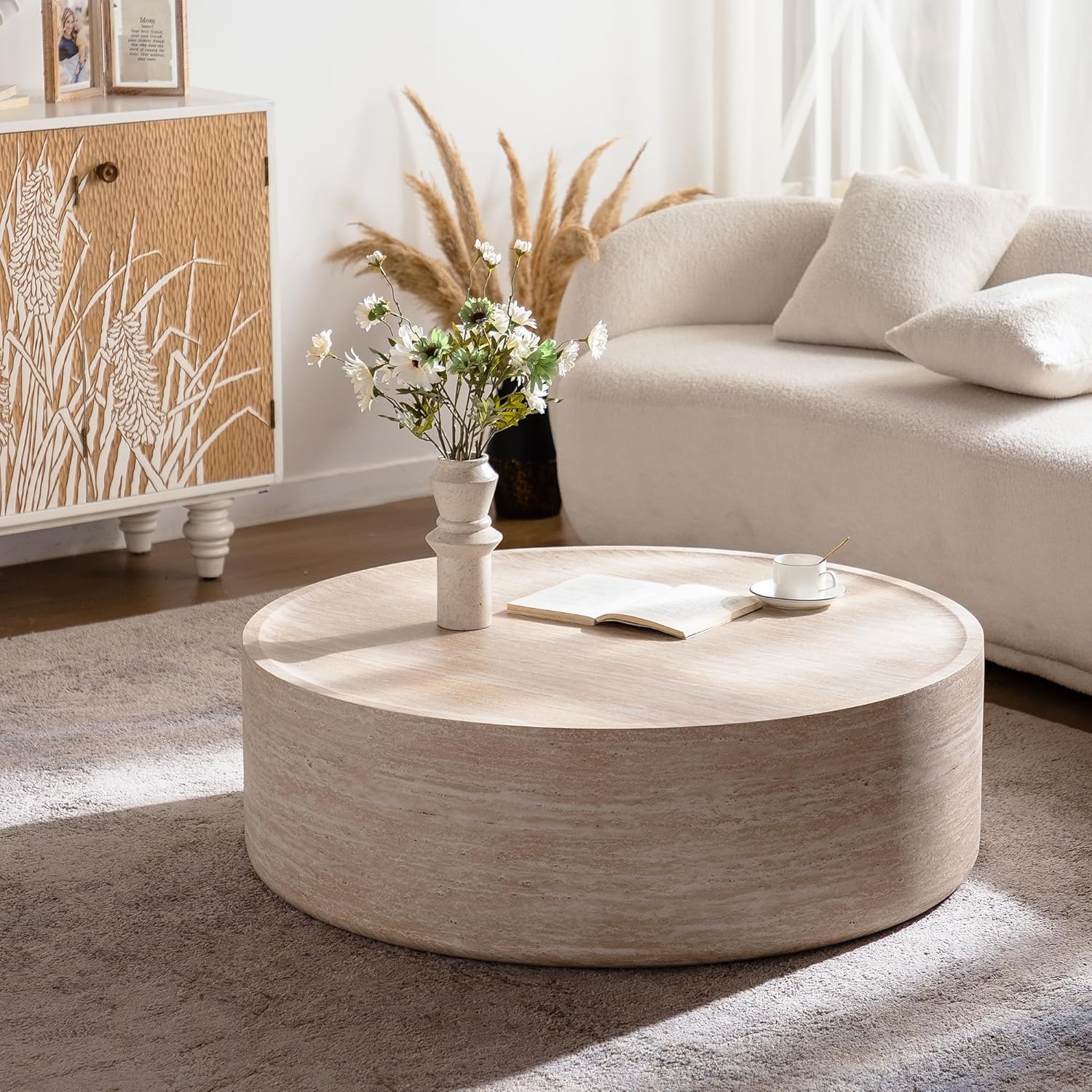 Faux Travertine Coffee Table for Living Room Modern Wood Drum Coffee Tables 39.37' Fully Assembled Round Center Table for Living Room Home Office