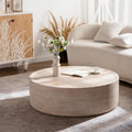 39.4' Faux Mars Round Coffee Table, Modern Travertine Coffee Tables for Living Room, Faux Marble Circle Low Center Tea Table with Rounded Corners for Apartment Bedroom Office, No Need Assembly