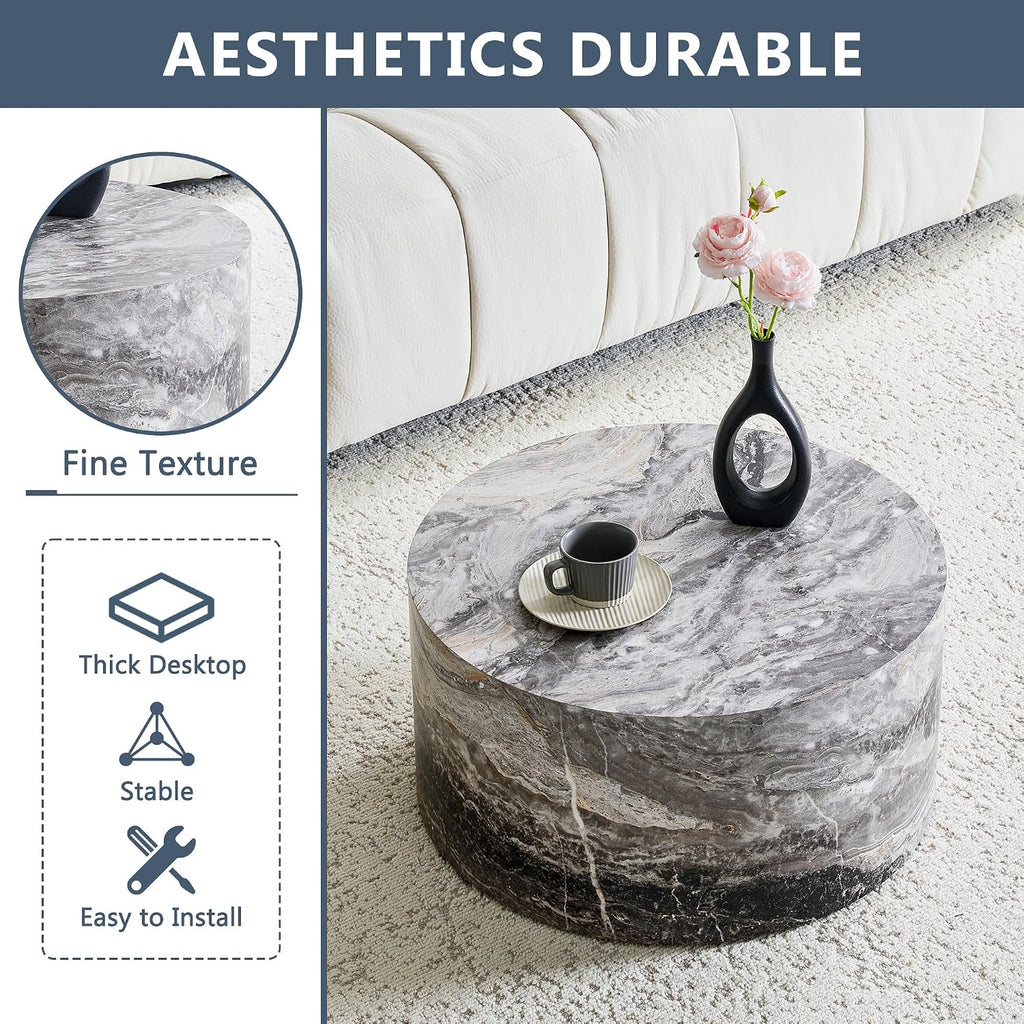 23.6' Grey Marble Small Coffee Table for Living Room Round Faux Marble Center Table Modern Drum-Shape Wooden Cocktail Table for Home Office - Fully Assembled