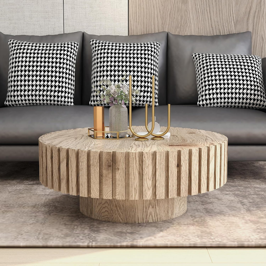 31.4'' Round Circle Coffee Table Modern Wood Coffee Table for Living Room, Contemporary Minimalist Fluted Drum Pedestal Style, Easy Assembly, Wood