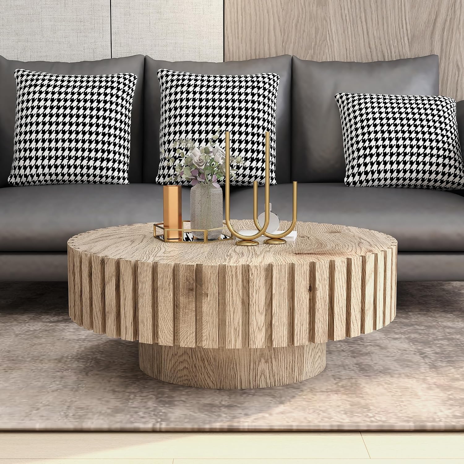 31.4'' Round Circle Coffee Table Modern Wood Coffee Table for Living Room, Contemporary Minimalist Fluted Drum Pedestal Style, Easy Assembly, Wood