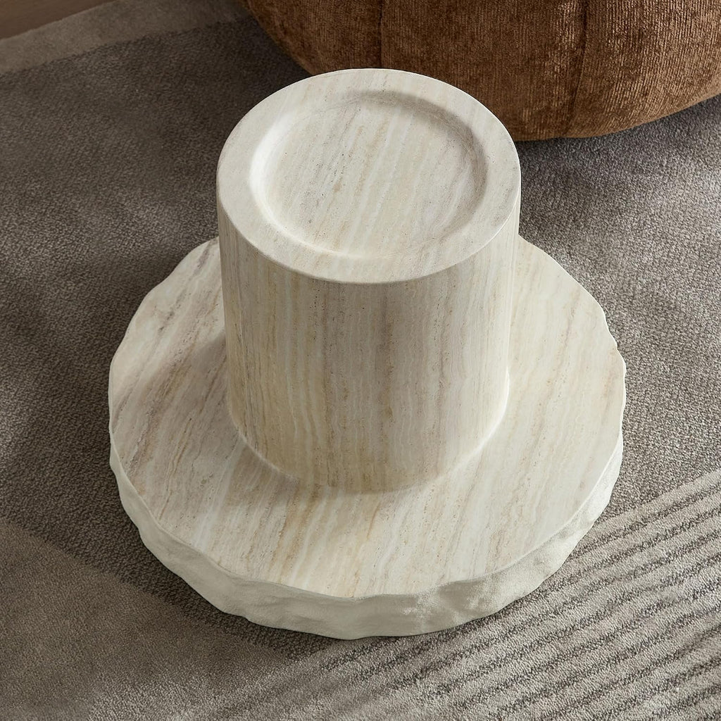 Modern End Table, 23.82'' Round Side Table, Faux Mars Top Small Drink Side Tables Accent Nightstand Living Room, Bedroom, Corners, Small Space, Full Assembly Beige