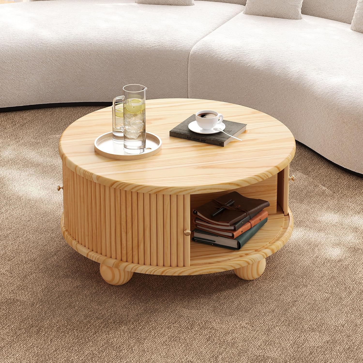 31.8'' Round Coffee Table with Storage Space for Living Room, Modern Fluted Wood Circle Coffee Table, Smooth Sliding Door, Natural