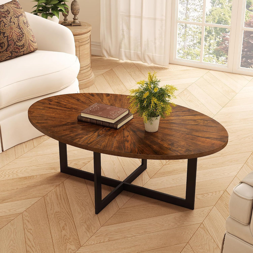 Solid Wood Oval Coffee Table with Cross Metal Legs, 47.9' Industrail Bar Cocktail Table for Living Room Kitchen Office Sofa Table Bristro Table for Cafe/Bar Rustic Brown