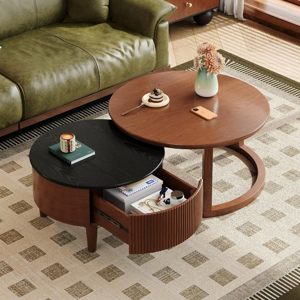 31.5' Vintage Round Nesting Coffee Table Fluted with Drawer,Black & Walnut