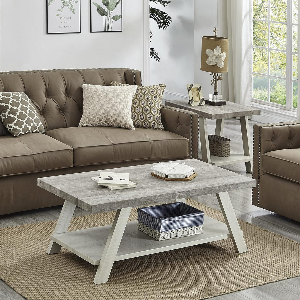 3-Piece Living Room Table Set, Coffee Table& Two End Tables, Side Table with Wood Storage Shelf for Living Room, Bedroom (Beige, 48' L x 24' W x 19' H)