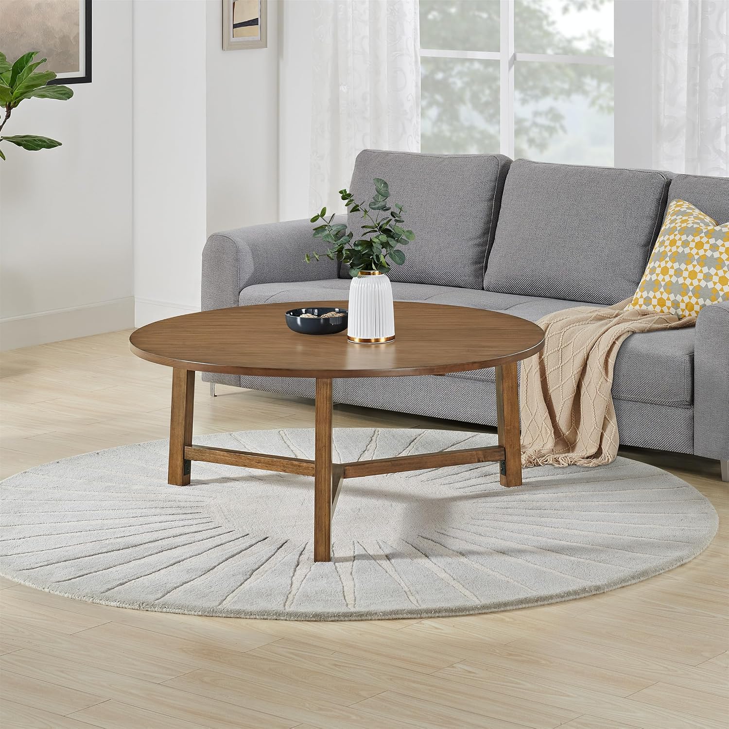 Alaterre Furniture Coffee Table - Newbury Collection 44-Inch Round Living Room Table - Solid Wood Farmhouse Coffee Table (Pecan Finish)