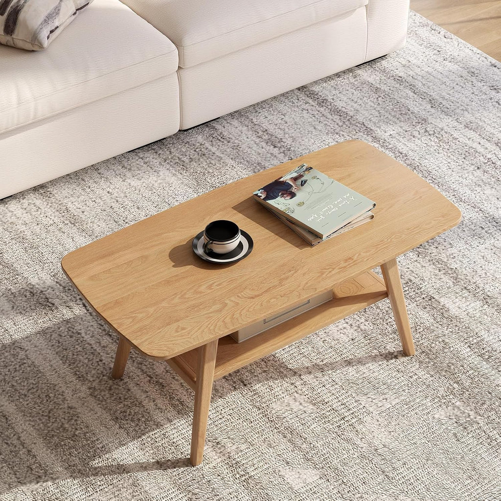 100% Solid Wood Coffee Table for Living Room, 39.37' Mid Century Modern Small Tables with Shelf Storage, 2-Tier Coffee Table with Rounded Corners (Oak Wood Log Color, 39.37' L)