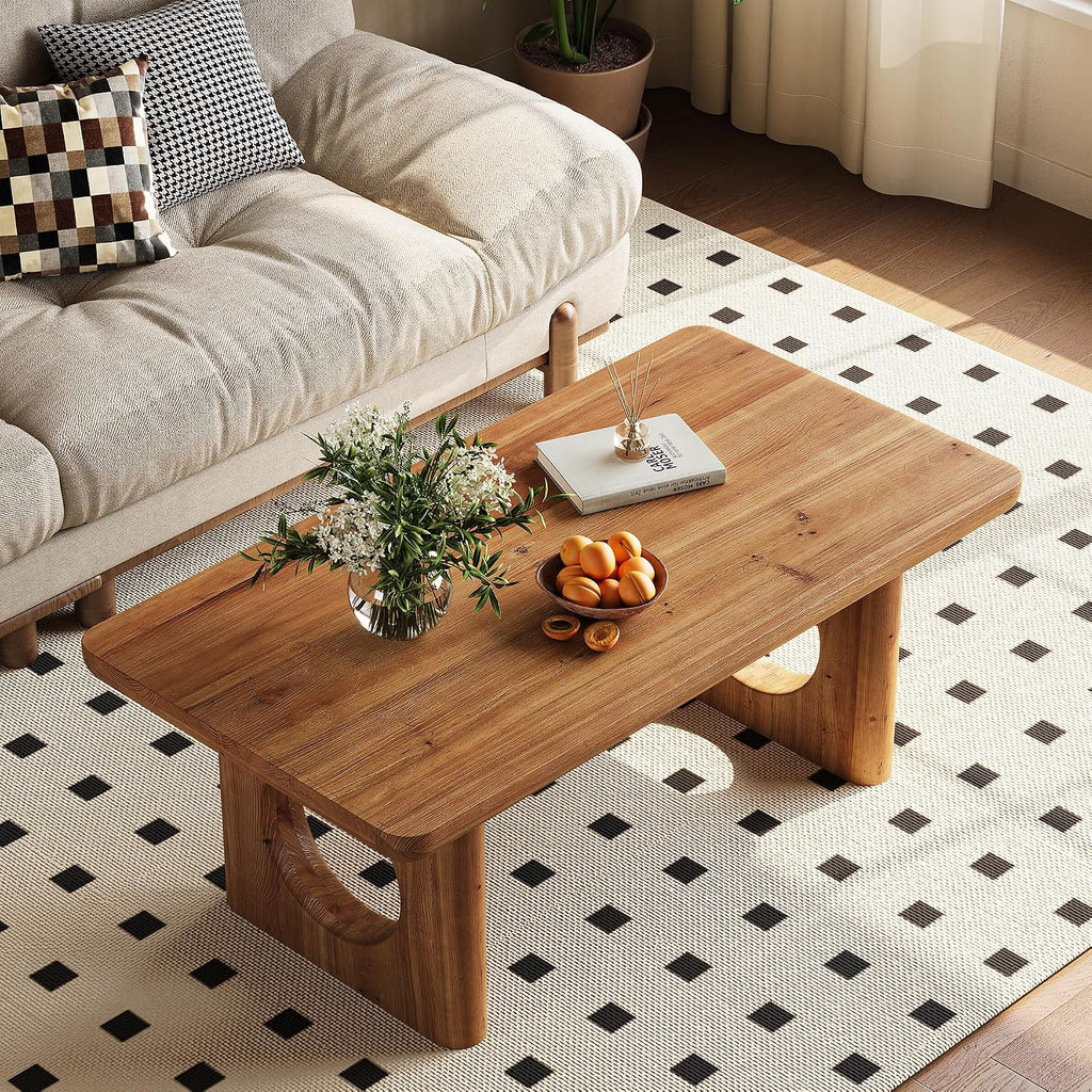 LITTLE TREE Solid Wood Coffee Table, Modern Farmhouse Coffee Table with Thick Tabletop, Rectangle Center Table for Living Room, Home Office, Bedroom, Brown