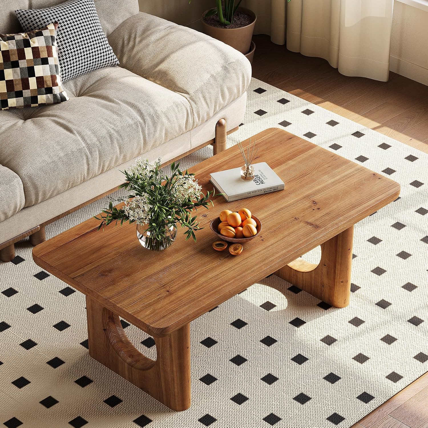 LITTLE TREE Solid Wood Coffee Table, Modern Farmhouse Coffee Table with Thick Tabletop, Rectangle Center Table for Living Room, Home Office, Bedroom, Brown