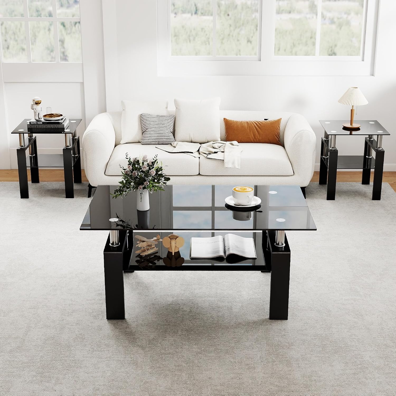 IANIYA 3 Piece Living Room Table Set, Modern Tempered Glass Coffee Table Set, Glass Coffee Table Black Metal Frame End Table for Living Room Apartment Small Space