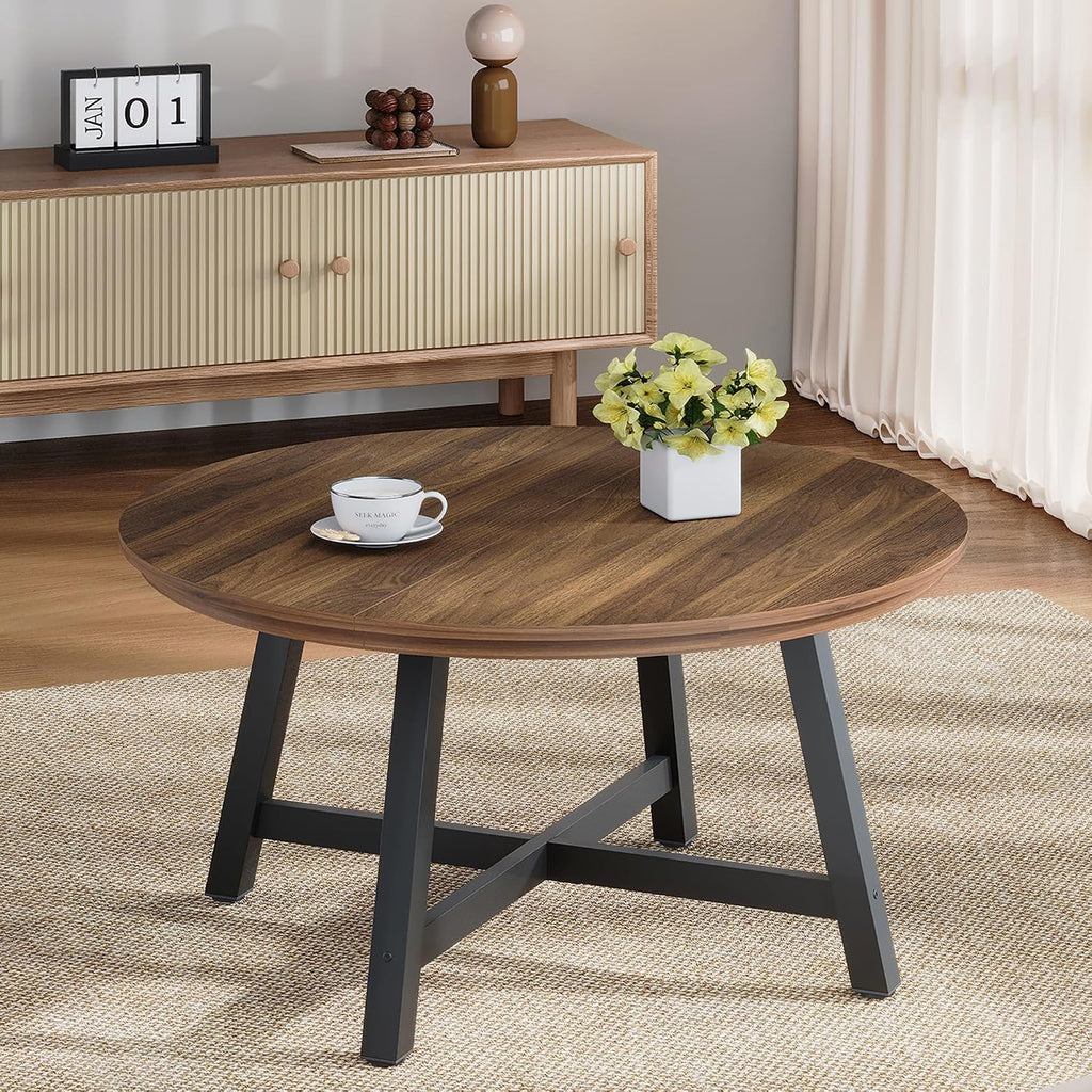 36' Round Coffee Table for Living Room, Large Circle Center Table with Wood Grain Top, Thick Metal Legs & Adjustable Feet, Modern Round Coffee Tables for Apartments Homes Easy Assembly, Brown