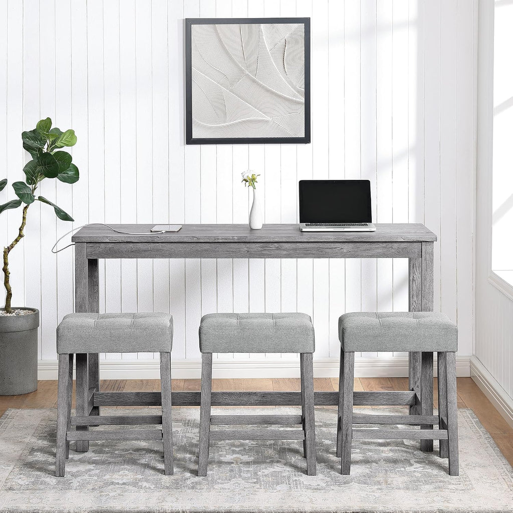 Merax 4 Piece Bar Table Set with Power Outlet,Industrial Breakfast Dining Table and Chairs Set with 3 Padded Stools,for Living Room,Game Room(Gray)