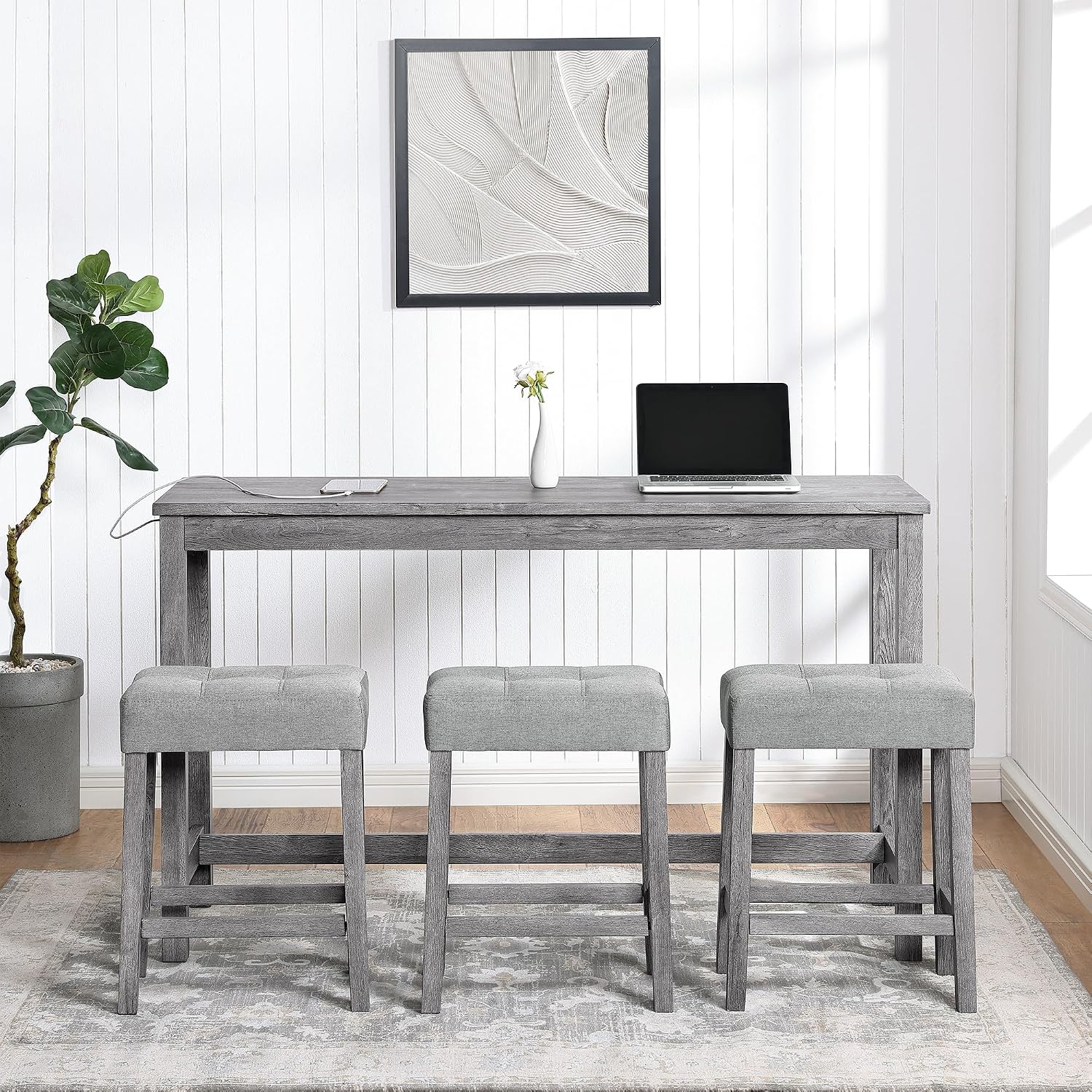 Merax 4 Piece Bar Table Set with Power Outlet,Industrial Breakfast Dining Table and Chairs Set with 3 Padded Stools,for Living Room,Game Room(Gray)