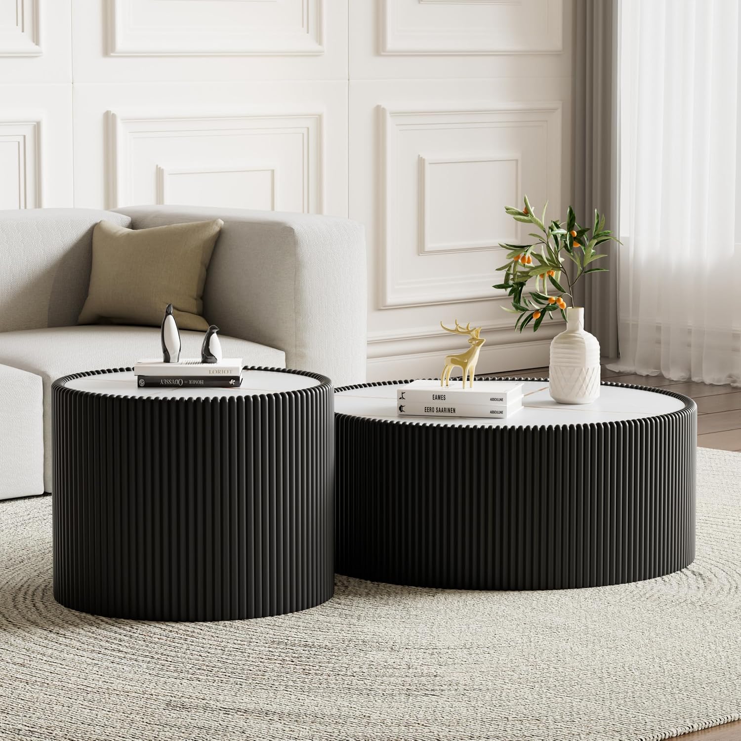Modern Round Coffee Table Set of 2 Luxury Sintered Stone Top Coffee End Table in Black Leatherette Drum-Shape Small Coffee Side End Tables for Living Room,Fully Assembled
