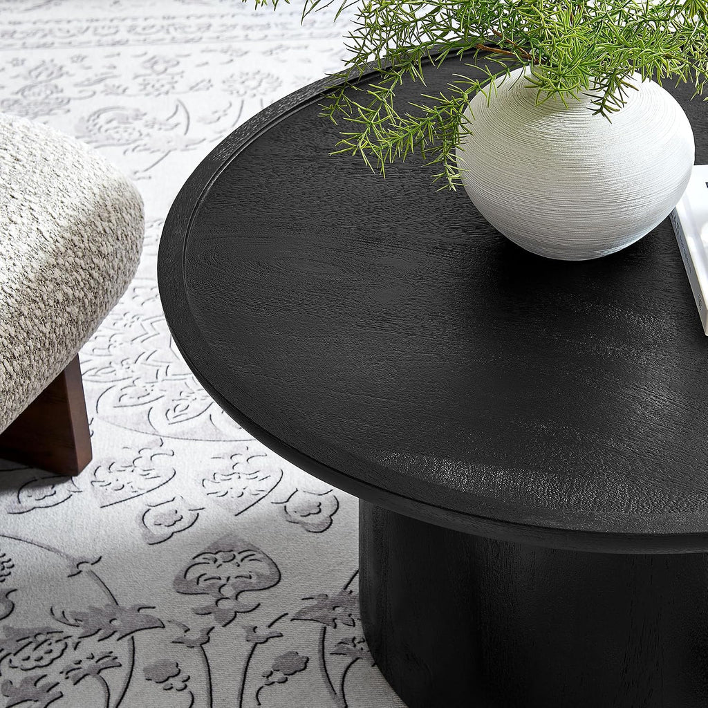 Modway Holloway 30 Inch Round Mango Wood Coffee Table in Black – Contemporary Circle Drum for Living Room – Mid-Century Modern Table with Solid Tabletop