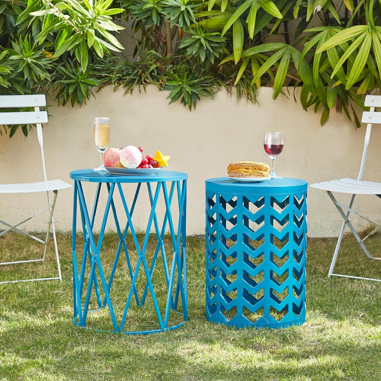 Nesting Side Table Set of 3 Decorative Round Garden Stools for Indoor Outdoor Heavy Duty Metal Frame Side Table Nightstands Modern End Table Plant Stand, Blue