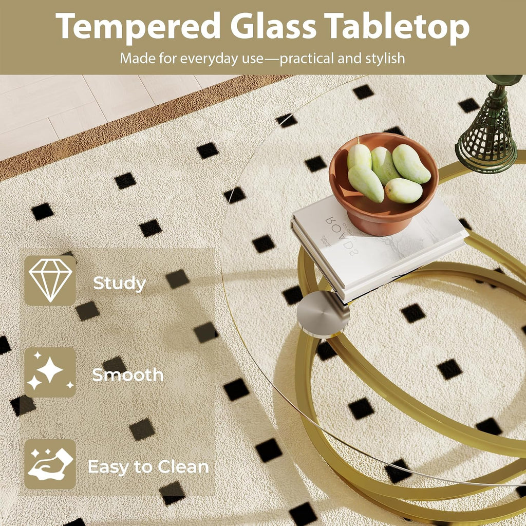 Glass Coffee Table, Round Coffee Table with Ring Gold Metal Frame, Large Modern Minimalist Coffee Table for Decoration, Coffee Tables for Living Room, Study Room, Office