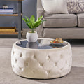30' Round Velvet Ottoman Coffee Table, Button Tufted Coffee Table with Tempered Glass Top Modern Upholstered Tufted Velvet Cocktail Center Table for Living Room, Fully Assembled (Beige)