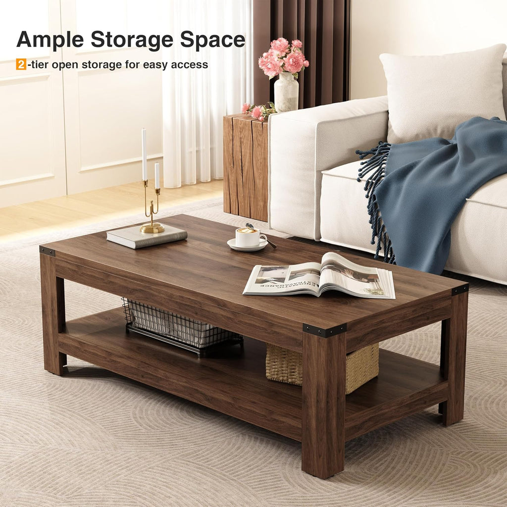 Farmhouse Coffee Table 47.2'', 2-Tier Coffee Table with Storage for Living Room, Modern Rustic Wooden Center Table, Cocktail Tea Table, Easy Assembly