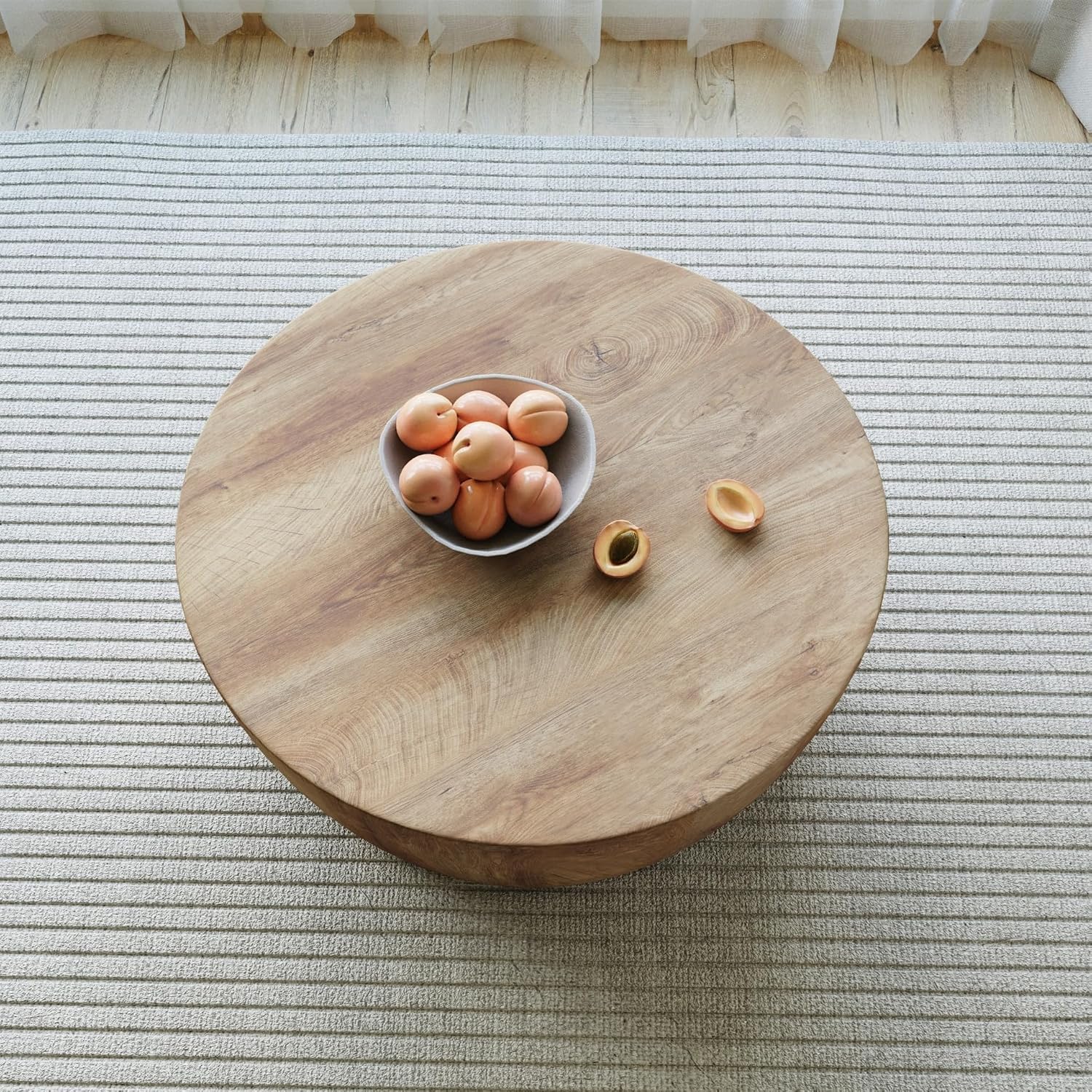 Rustic Drum Coffee Table for Living Room Round Center Table Modern Drum-Shape Wooden Cocktail Table for Home Office - Fully Assembled