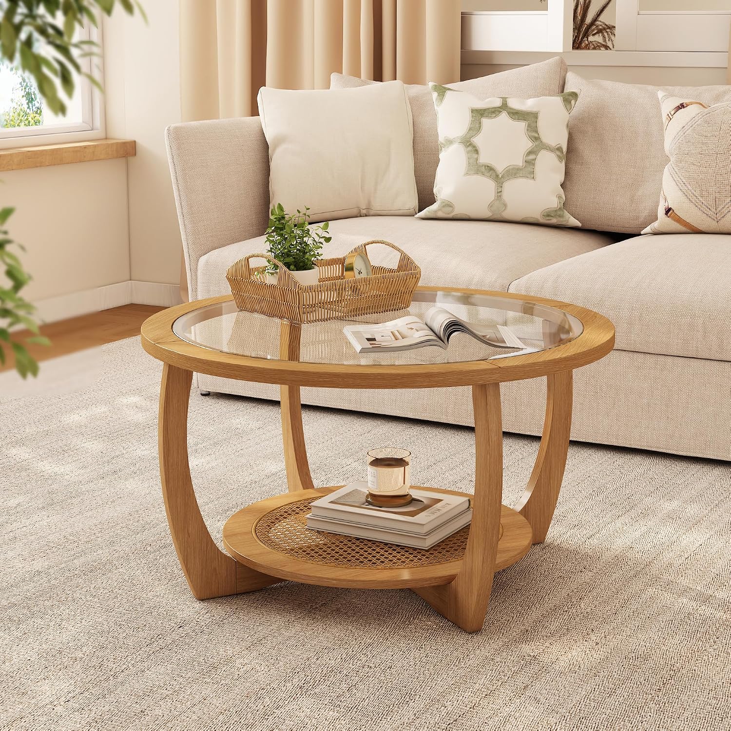 Round Wood Coffee Table with Glass Top, Solid Wooden Circle Center Table with Curved Legs and Handmade Rattan Storage Shelf, Farmhouse Cocktail Table for Living Room, Light Brown 32.28' x 18'