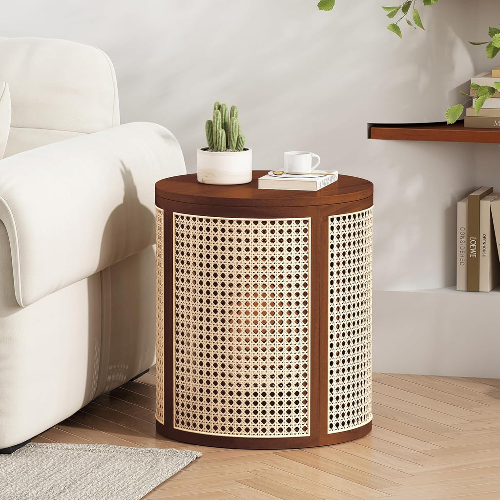 Christopher Knight Home Aurl Lift Top Round End Table with Storage, Modern Side Table with Woven Rattan Details, Wooden Small Coffee Table for Living Room, Round Storage Ottoman, Dark Brown