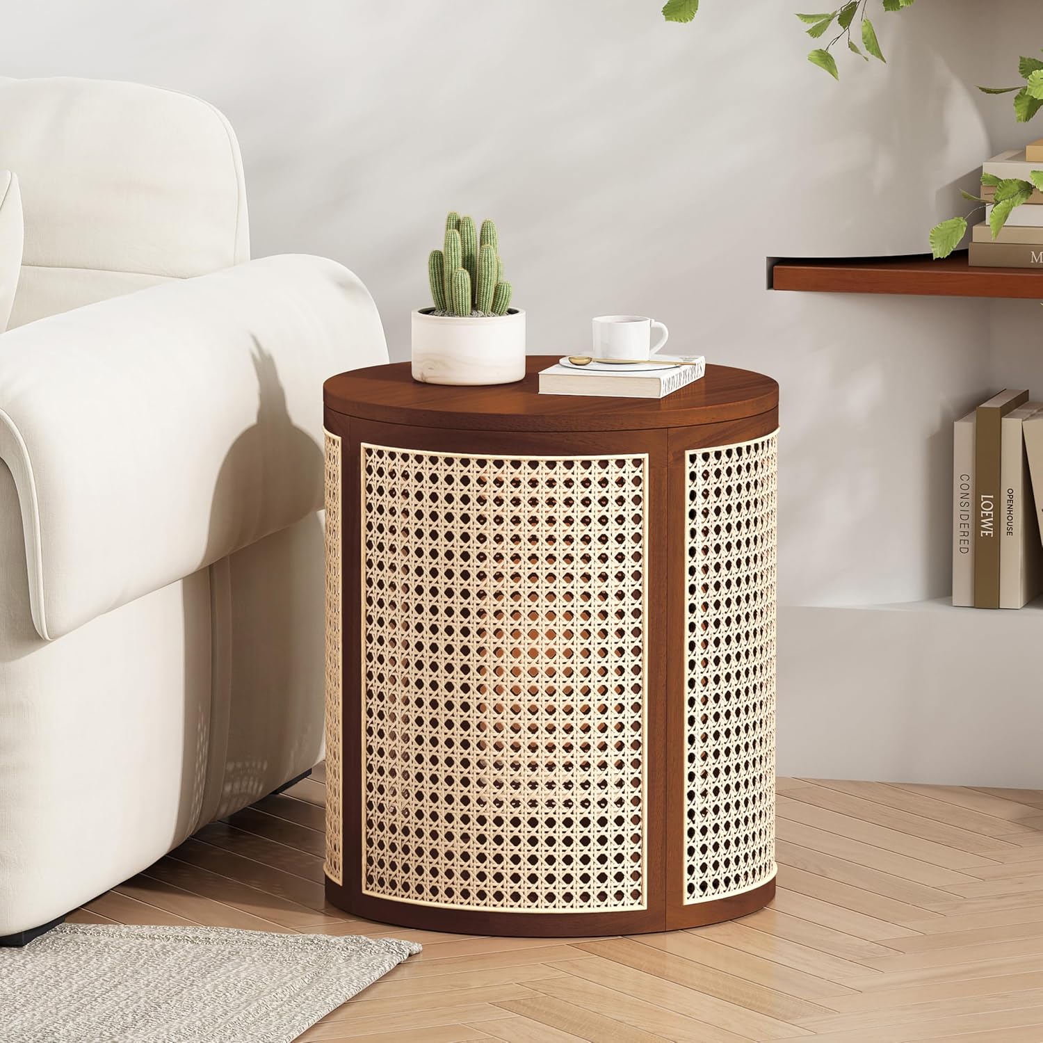 Christopher Knight Home Aurl Lift Top Round End Table with Storage, Modern Side Table with Woven Rattan Details, Wooden Small Coffee Table for Living Room, Round Storage Ottoman, Dark Brown