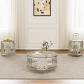 Round Glass Coffee Table Set of 3, 2-Tier Luxury Living Room Table and 2 End Tables, Clear Tempered Glass Tabletop with Silver Mirrored Stainless Steel Table Base, for Living Room, Office, Apartment