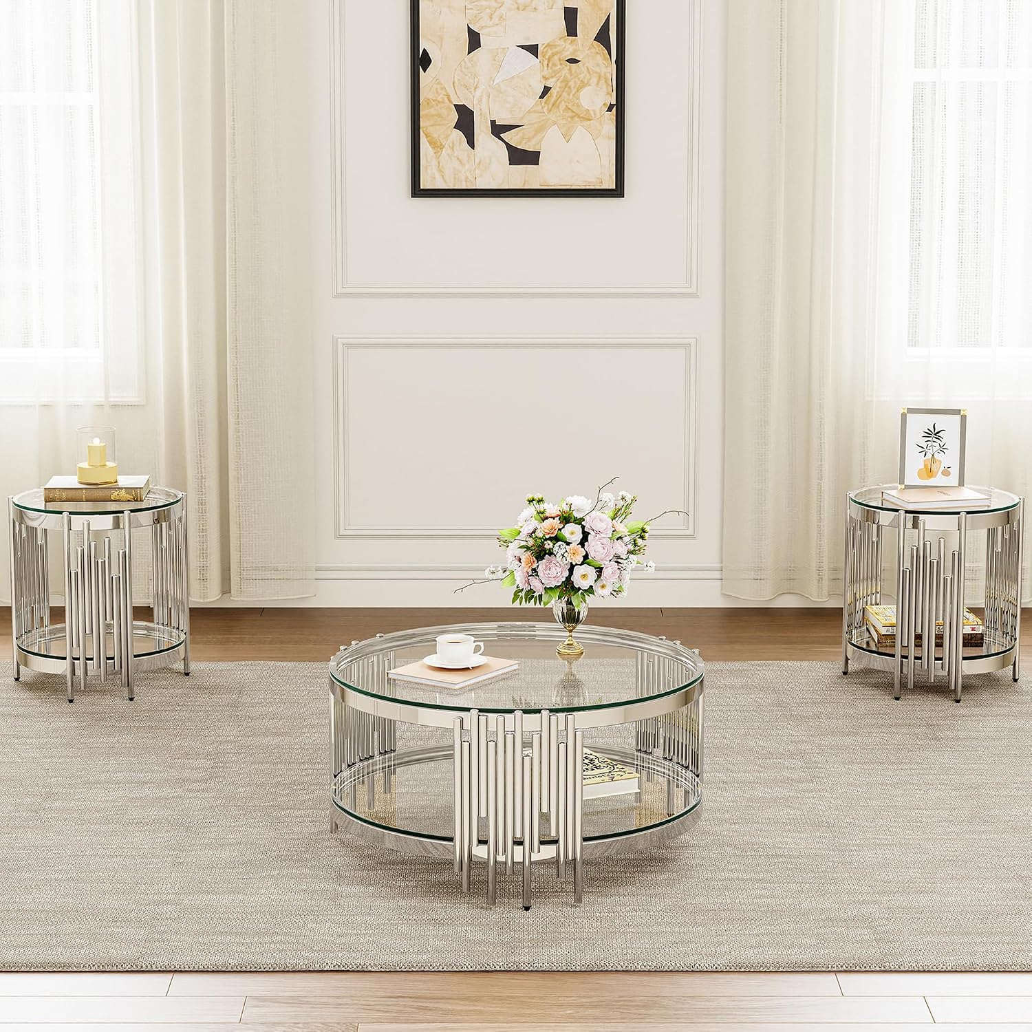 Round Glass Coffee Table Set of 3, 2-Tier Luxury Living Room Table and 2 End Tables, Clear Tempered Glass Tabletop with Silver Mirrored Stainless Steel Table Base, for Living Room, Office, Apartment
