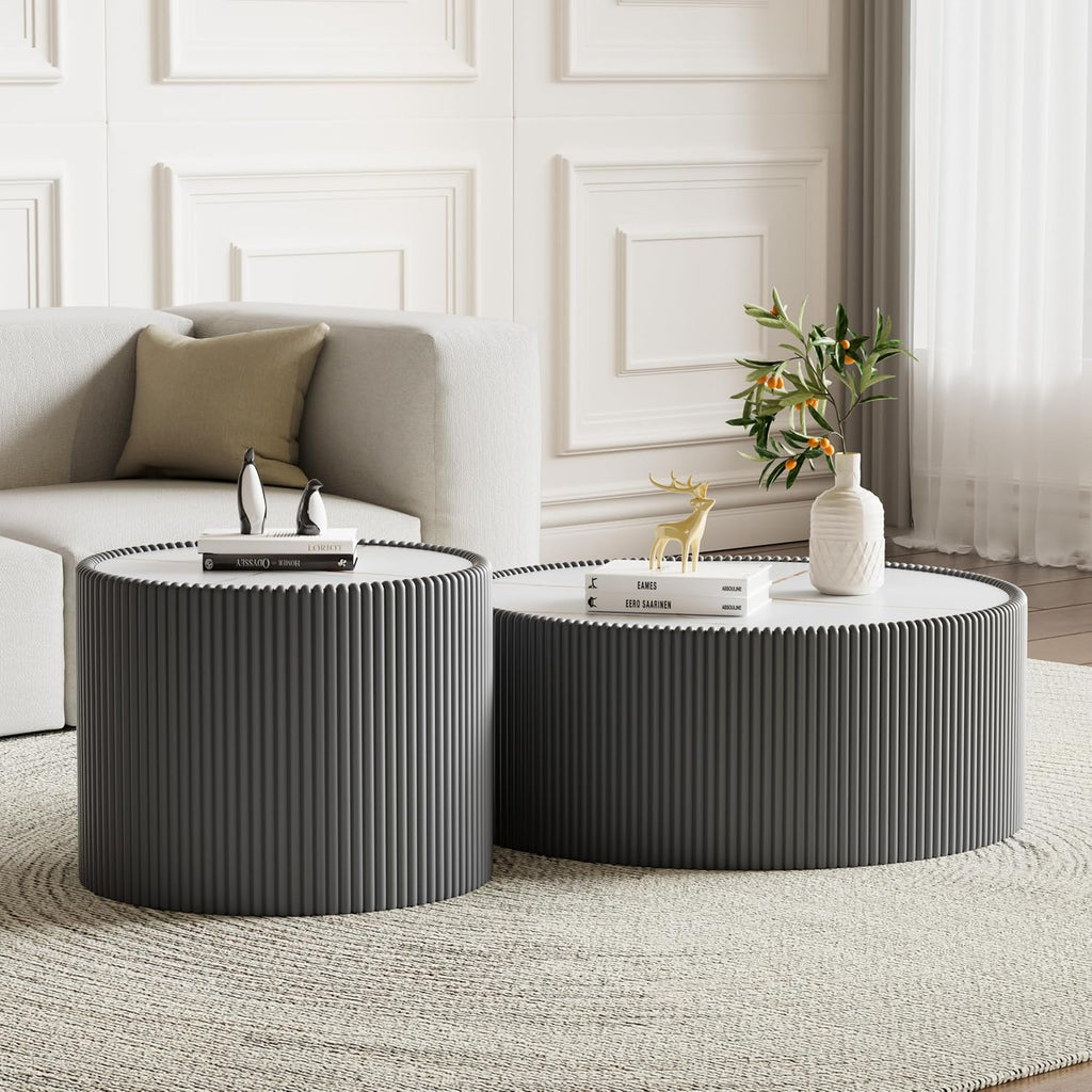 Modern Round Coffee Table Set of 2 Luxury Sintered Stone Top Coffee End Table in Grey Leatherette Drum-Shape Small Coffee Side End Tables for Living Room,Fully Assembled