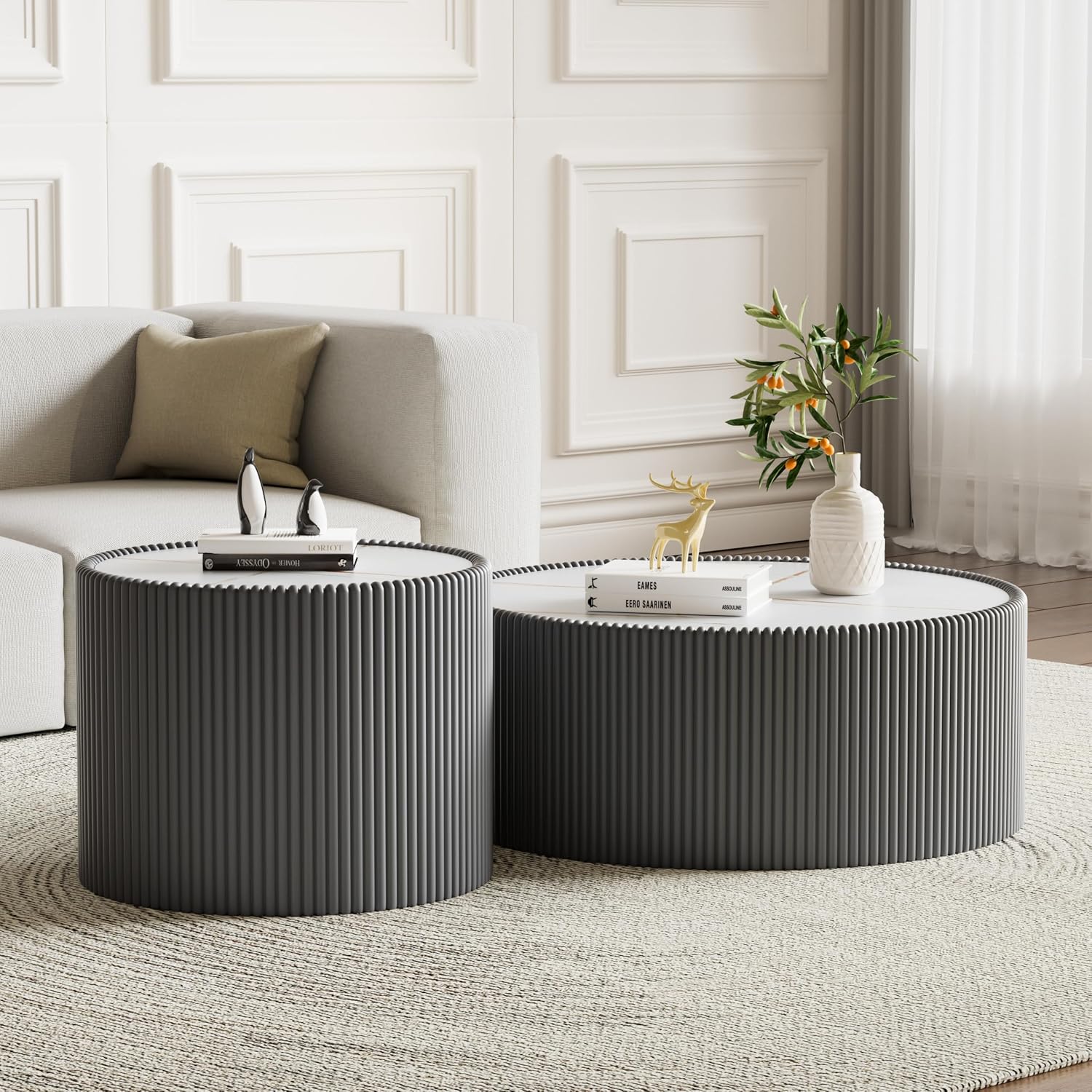 Modern Round Coffee Table Set of 2 Luxury Sintered Stone Top Coffee End Table in Grey Leatherette Drum-Shape Small Coffee Side End Tables for Living Room,Fully Assembled