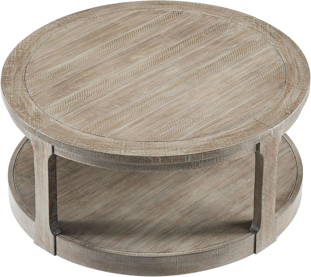 40' Round Coffee Table with Wheels, 2 Tier Wood Center Coffee Tables, Retro Farmhouse Circle End Table with Storage Shelf for Living Room Apartment Office (Light Brown)