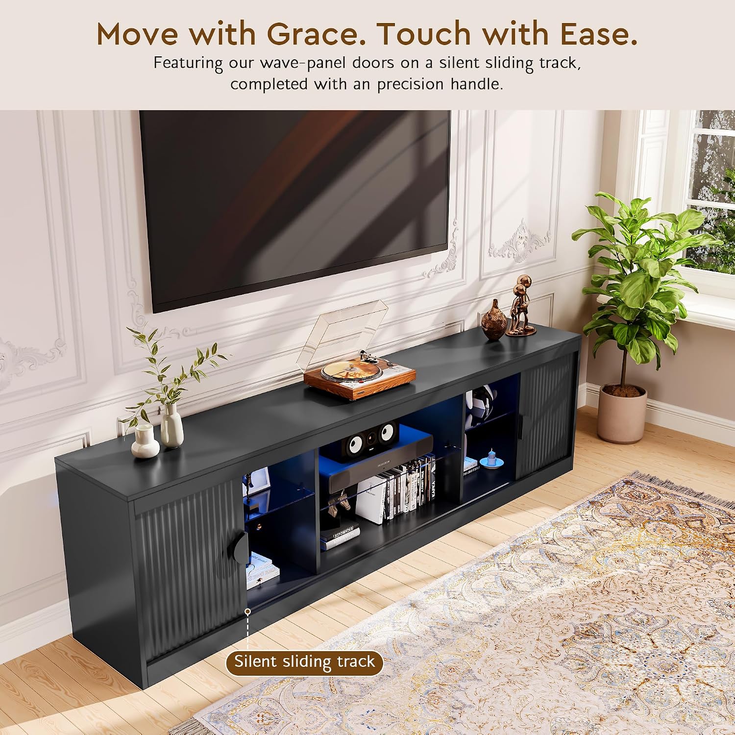 LGHM 70'' Black TV Stand with Lighting, Stylish Modern Entertainment Center with Slip Doors for TVs Up to 80', Media Console for Living Room