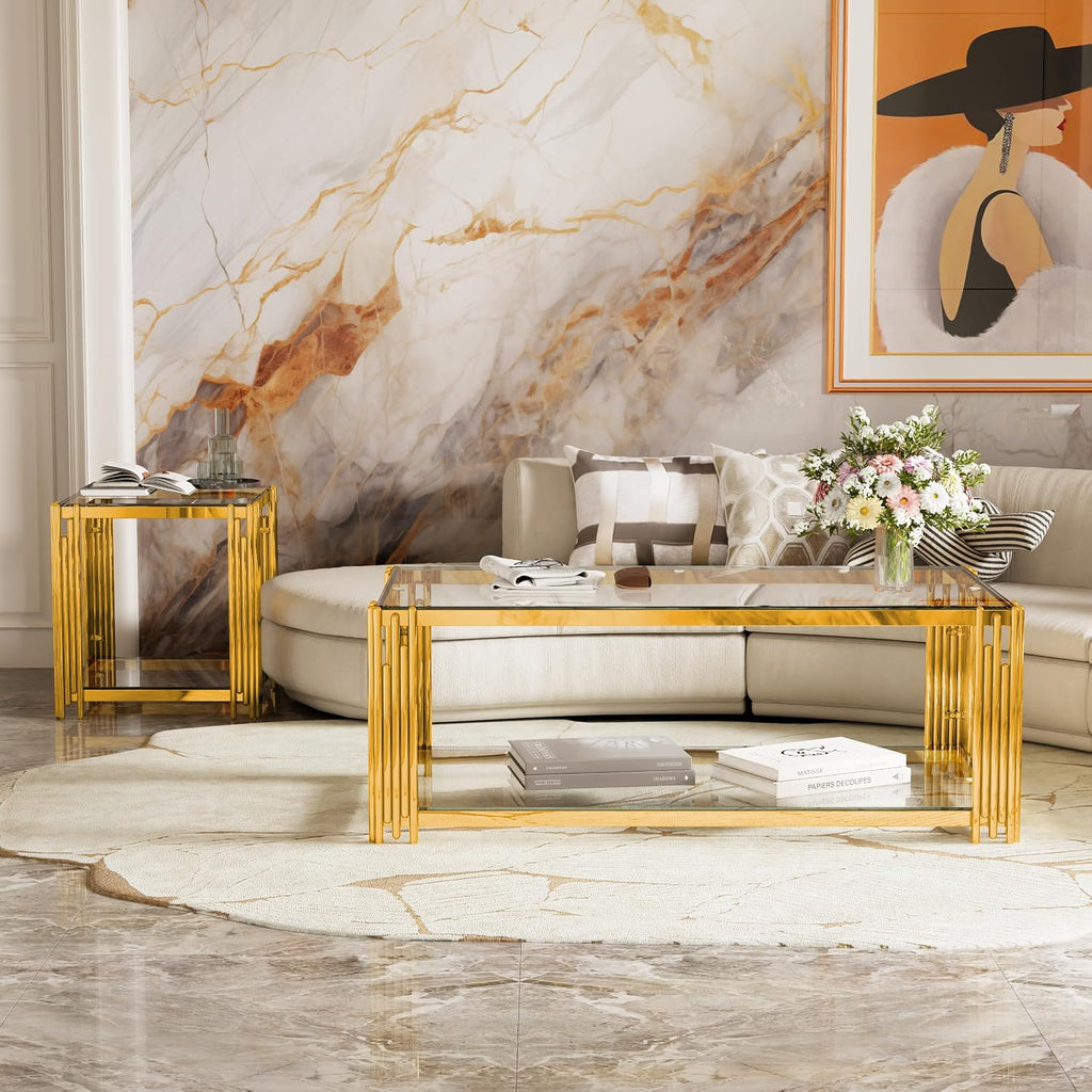 19.9'' Tempered Glass Side Tabel Square End for Living Room, 2-Tier Modern Accent Square Design, Transparent Mirror Tabletop & Metal Drum Base, Easy Assembly, Transparent & Gold