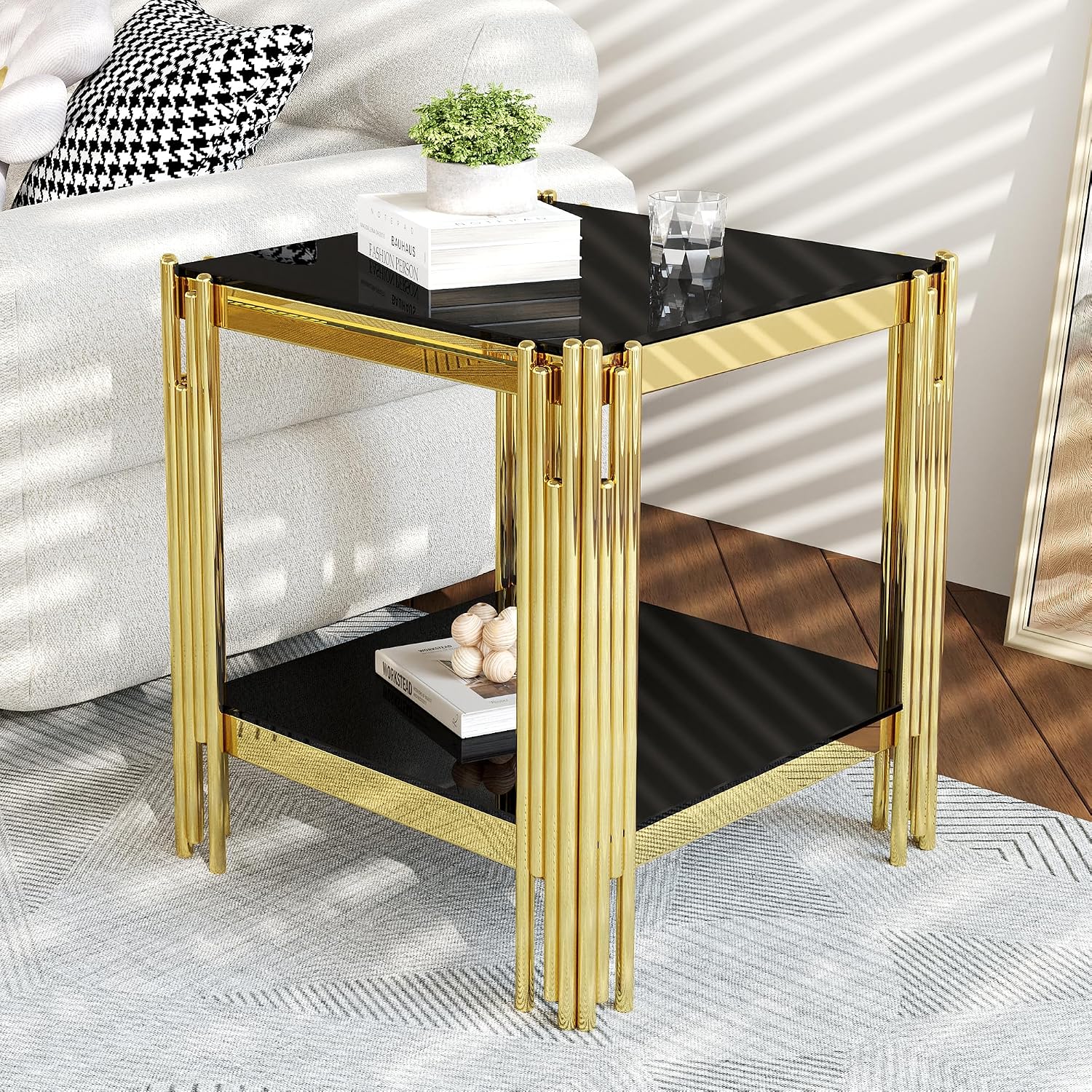 AF ARTISAN FURNITURE 2-Tier Glass End Table Modern Square Living Room Table Sofa Side Table, Stainless Steel Metal Leg Tempered Glass Small Corner Table, Black&Gold
