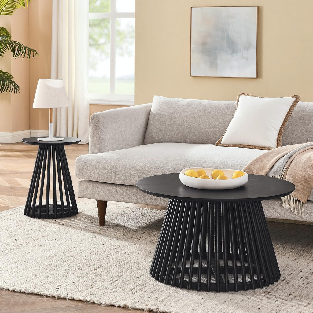 KEVINSPACE Round Coffee Table Solid Wood Nesting End Table Set of 2 Wood Side Table Circle Modern Accent Tables Farmhouse Circle Side Table Sets for Small Spaces Living Room Apartment Bedroom Black