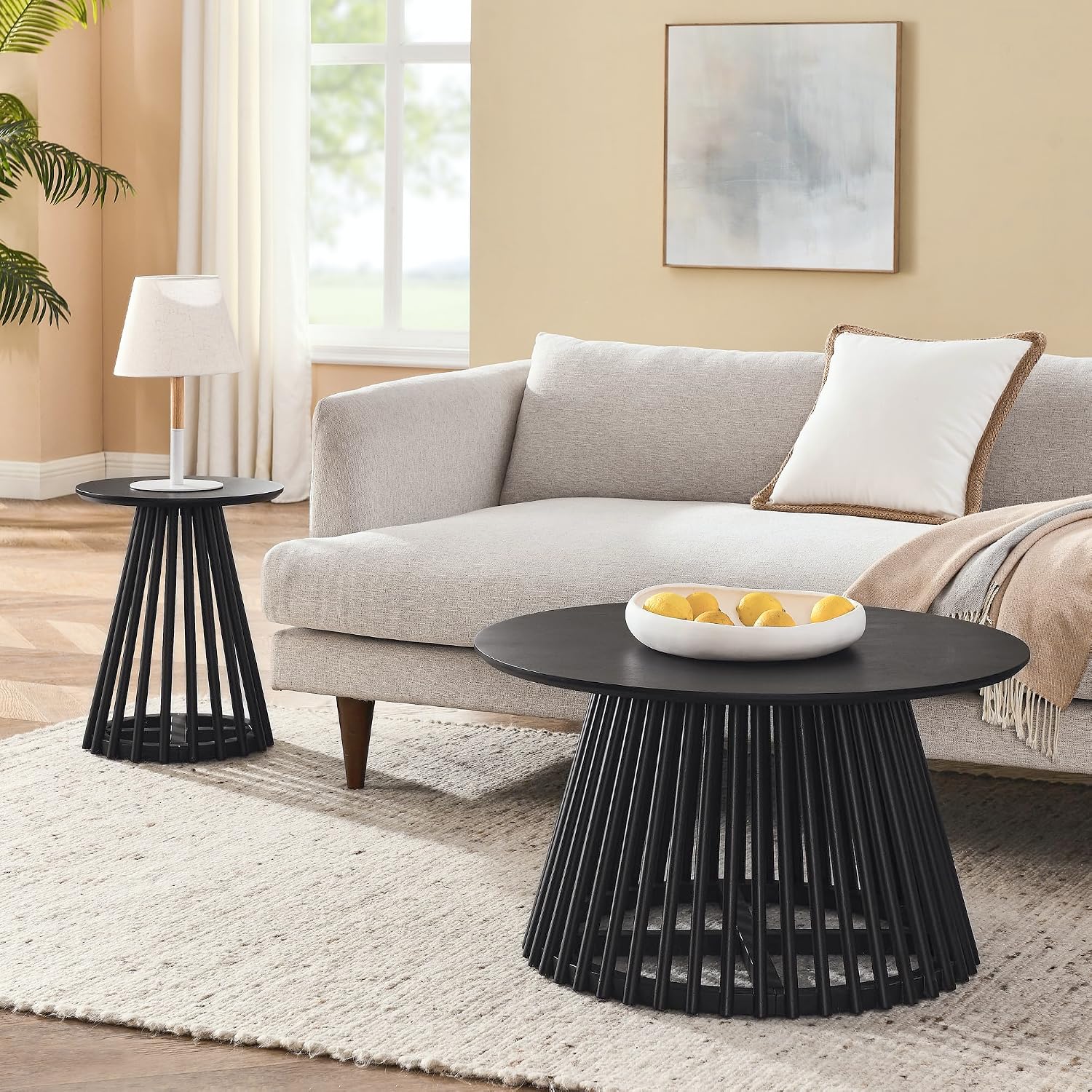 KEVINSPACE Round Coffee Table Solid Wood Nesting End Table Set of 2 Wood Side Table Circle Modern Accent Tables Farmhouse Circle Side Table Sets for Small Spaces Living Room Apartment Bedroom Black