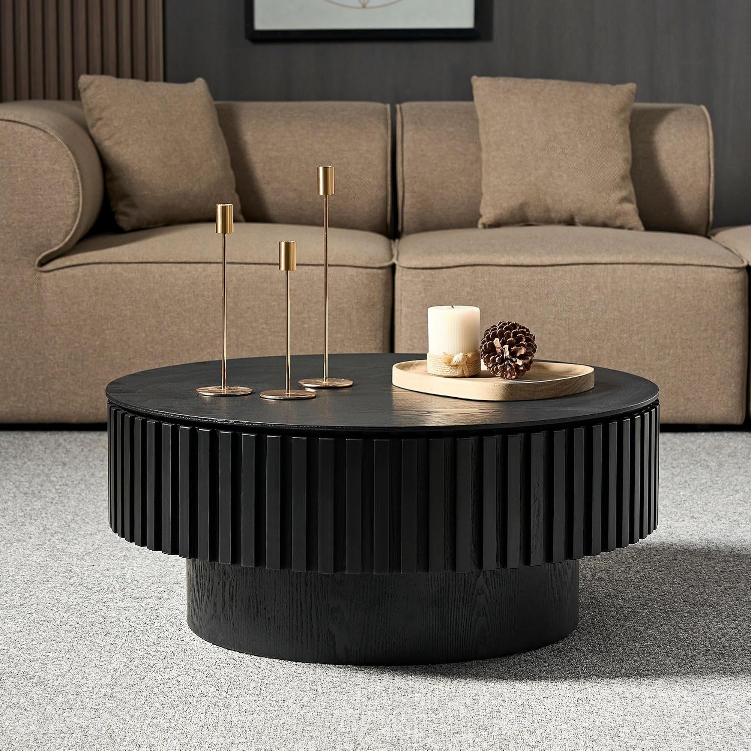 WILLIAMSPACE 31.49' Round Coffee Table with Storage for Living Room, Modern Circle Center Table with Solid Wood Veneered & Sturdy Pedestal, Accent End Tea Table for Apartment - Black