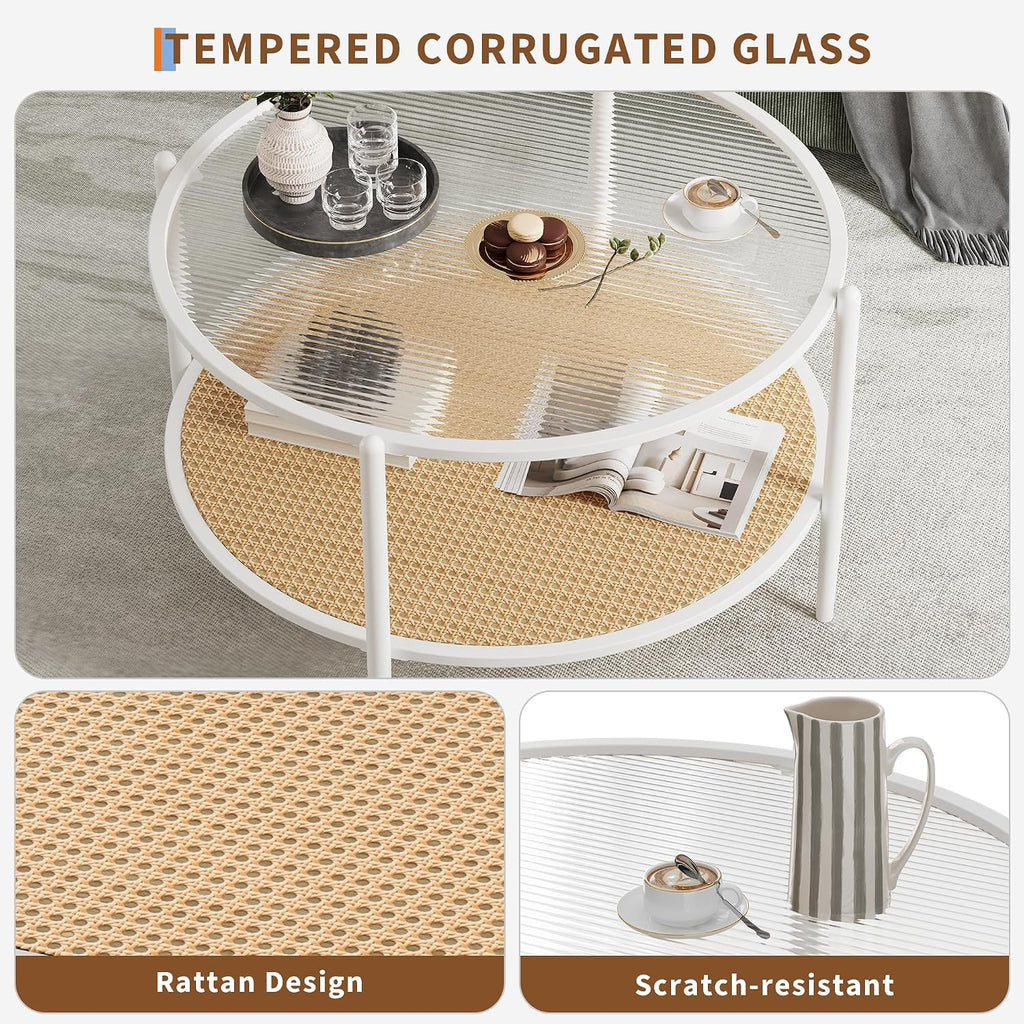 30' Round Rattan Coffee Table, 2-Tier White Gold Glass Storage Center Table for Living Room, Modern Circle Small Round Coffee Table with Tempered Water-Wave Glass Top & Metal Frame for Bedroom, Office