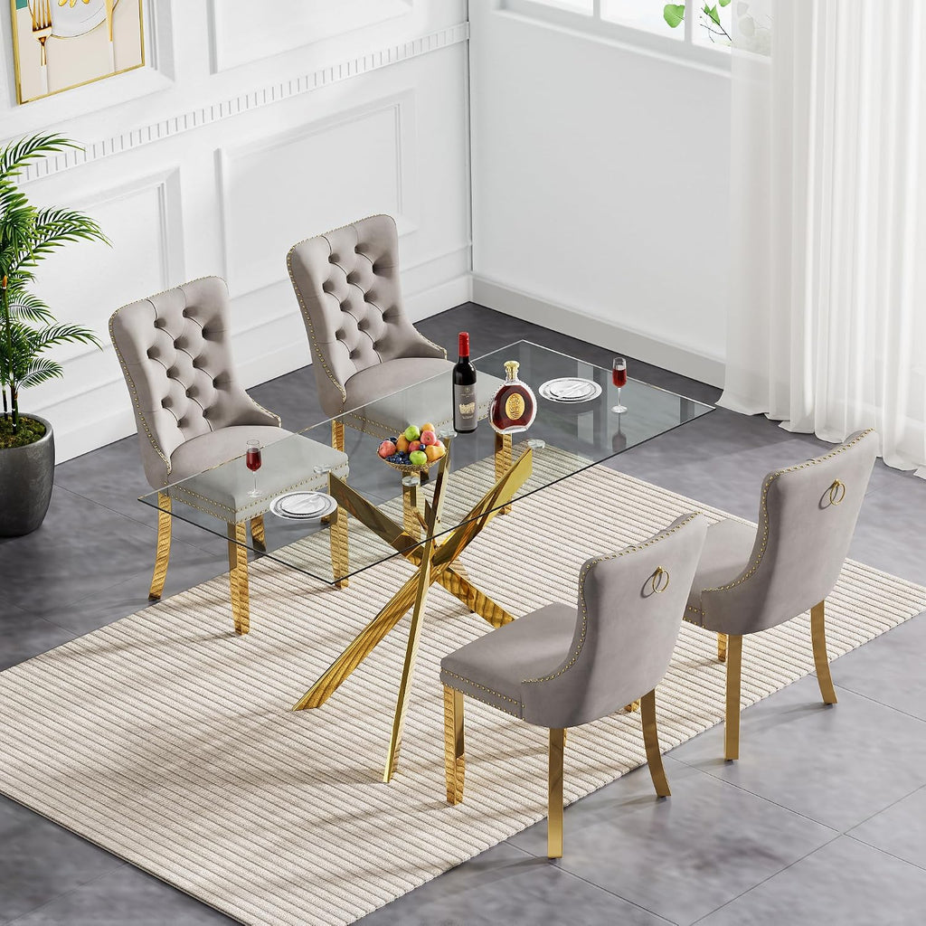 51' Modern Dining Table Set for 4, Rectangular Tempered Glass Dining Table and 4 Grey Velvet Dining Chairs, Luxury 5 Piece Kitchen Dining Room Tables Set with Gold Chrome Metal X-Base