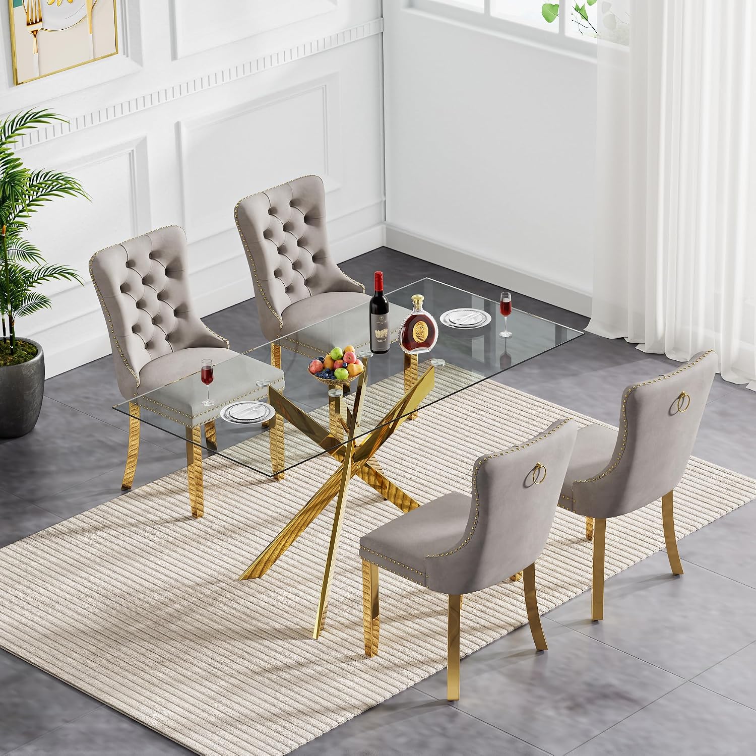 51' Modern Dining Table Set for 4, Rectangular Tempered Glass Dining Table and 4 Grey Velvet Dining Chairs, Luxury 5 Piece Kitchen Dining Room Tables Set with Gold Chrome Metal X-Base