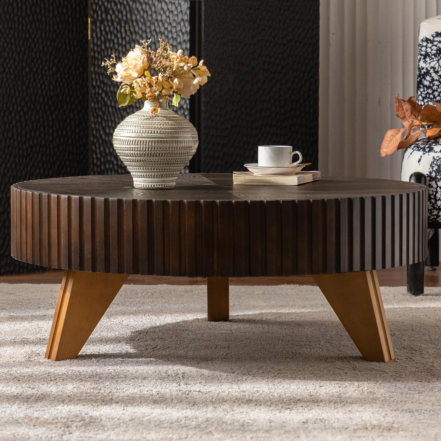 35.4'' Round Coffee Table Wood Modern Coffee Table for Living Room, Easy Assembly, Black Brown