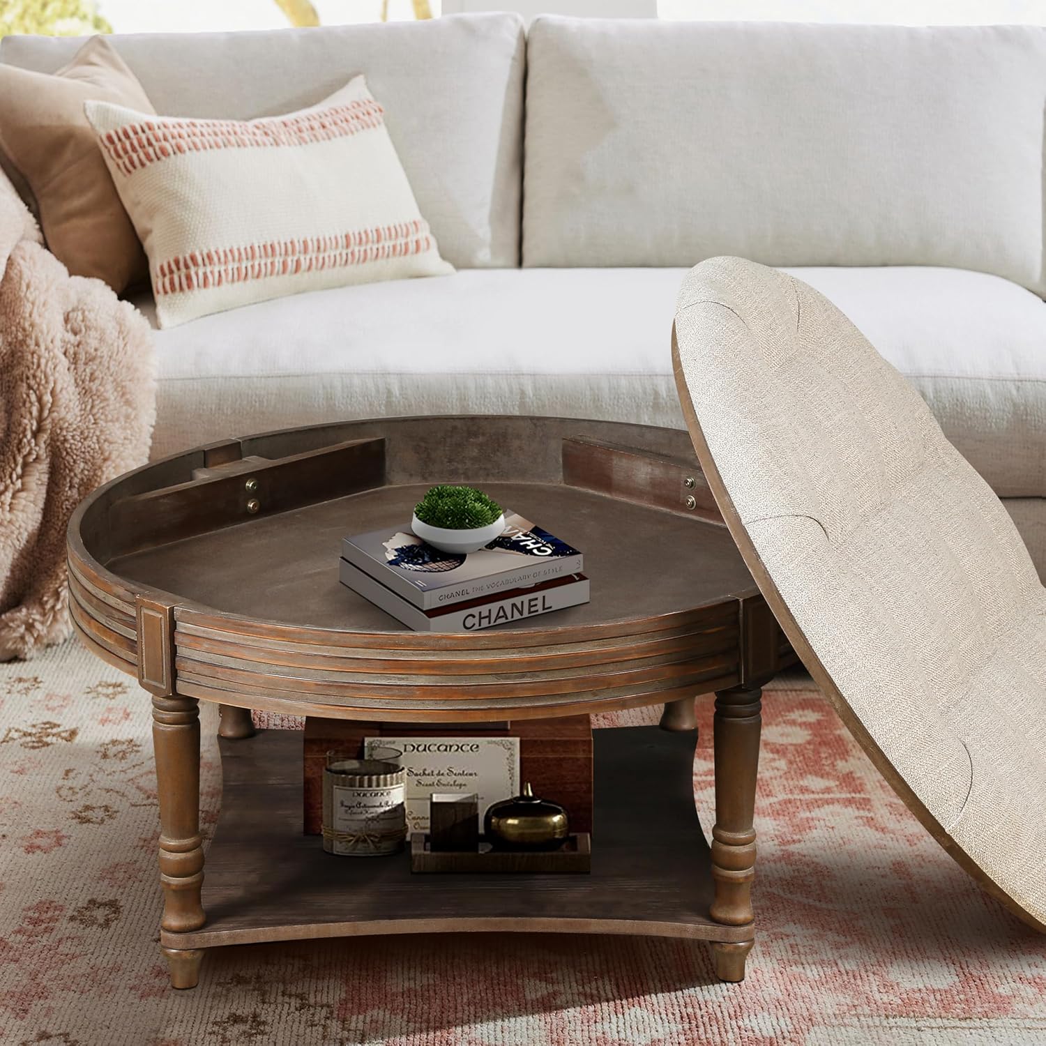 31.49'' Round Coffee Table with Storage Space, 2-Tier Modern Wood Circle Coffee Table for Living Room, Moveable Table Top & Easy Assembly & Waterproof Upholstered Linen, Beige & Wood