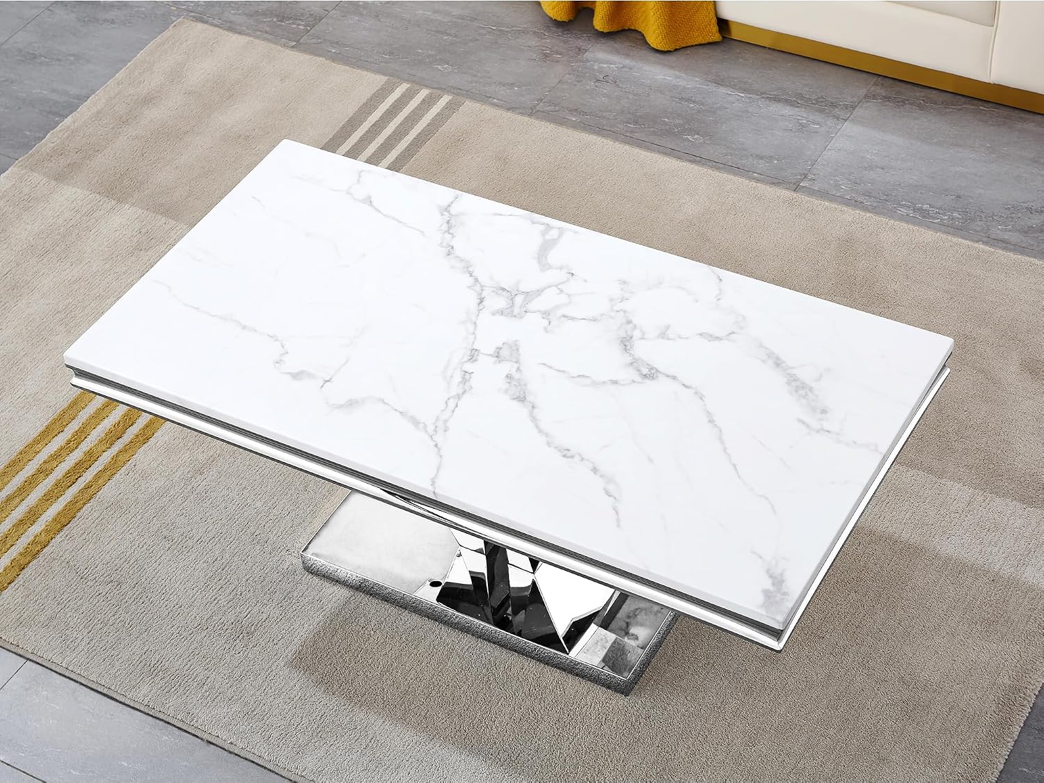 Henf 3 Piece Living Room Table Set, Faux Marble Coffee & Console & End Tables, Luxury White Gold Coffee Table Set of 3 with Mirrored Stainless Steel Base for Living Room Apartment