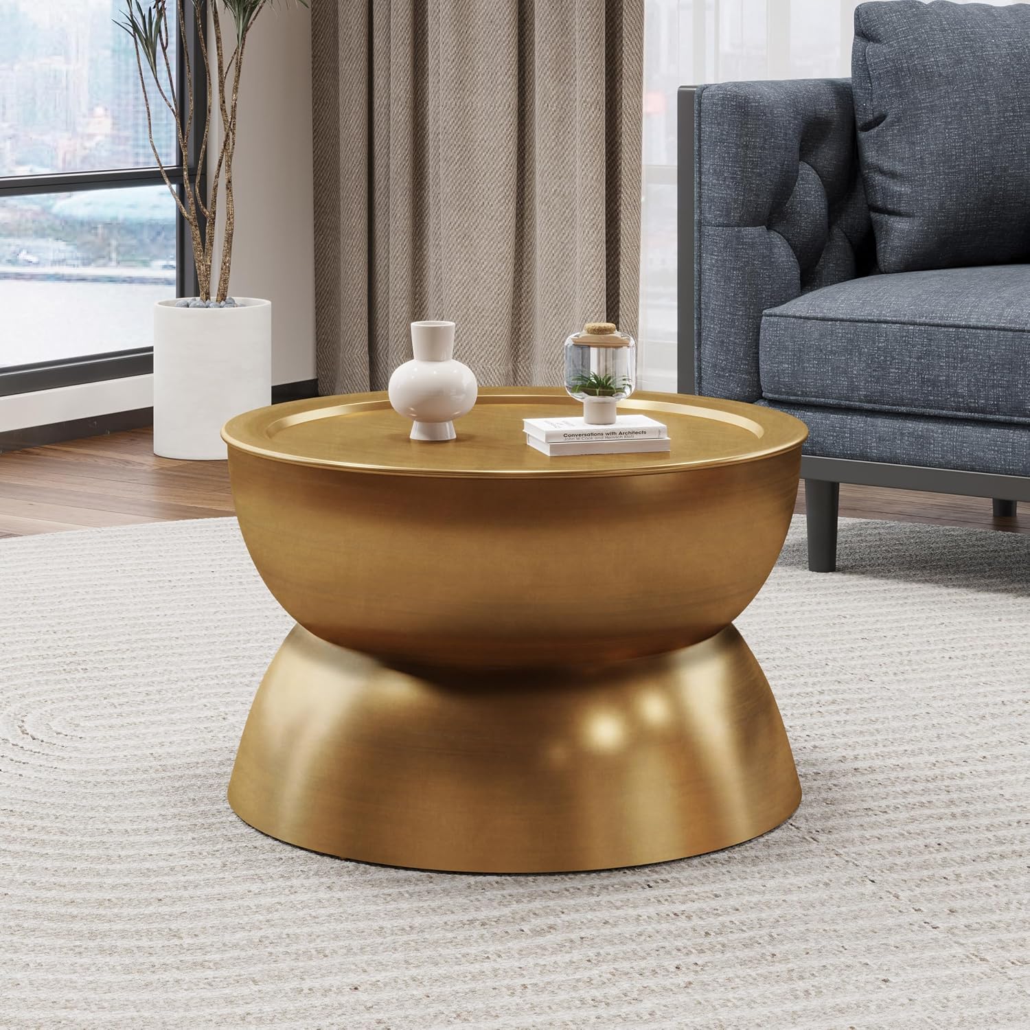 Merax Metal Hammered Coffee Table 24.25' Round Tabletop, Modern Iron Hourglass Coffee Table for Living Room, No Assembly Required, Bear 150lbs, Gold