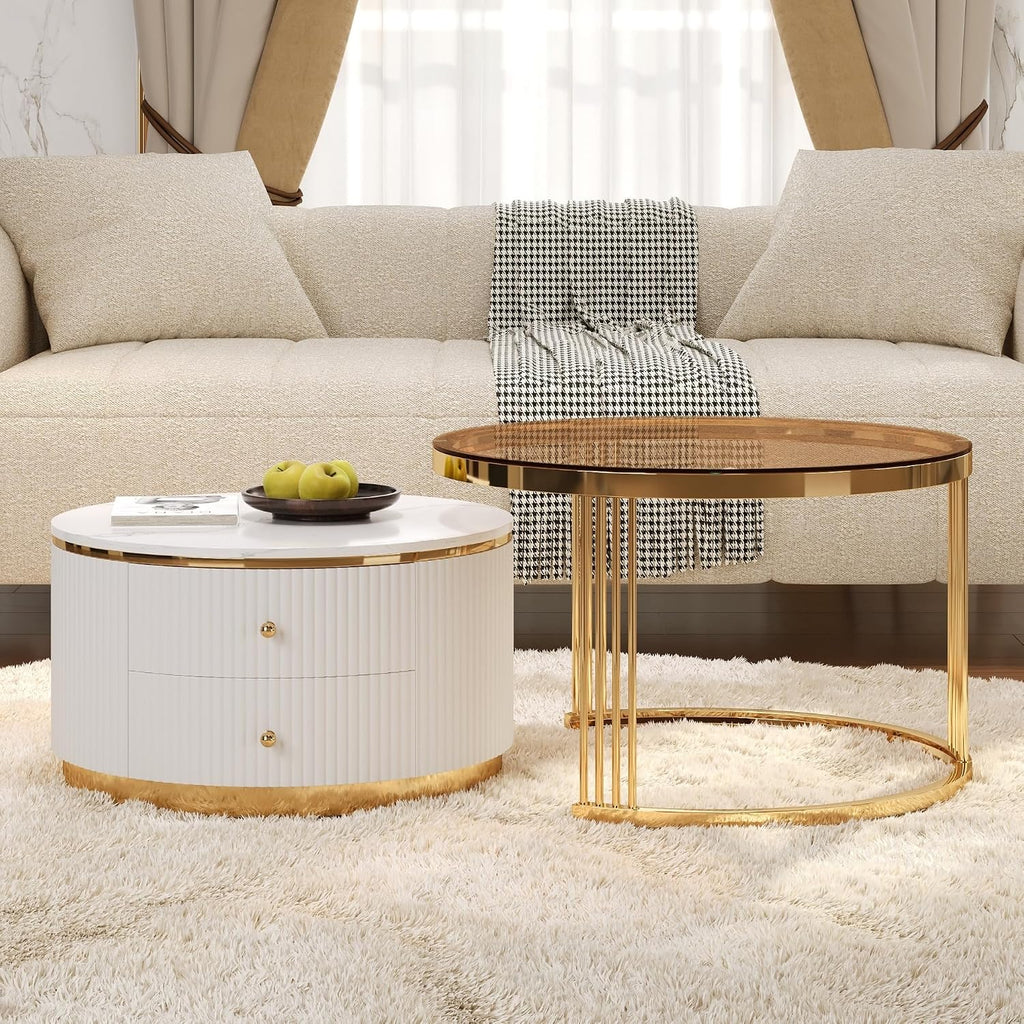 Modern 2 Pieces Round Nesting Coffee Table with Drawers and Brown Tempered Glass Top（27.6'+23.6'