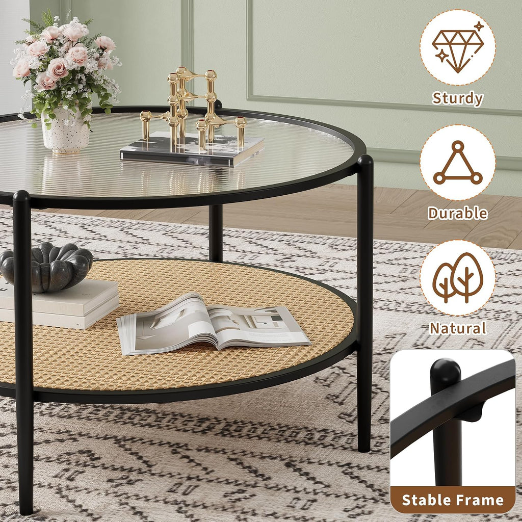 30' Round Rattan Coffee Table, 2-Tier Black Gold Glass Storage Center Table for Living Room, Modern Circle Small Round Coffee Table with Tempered Water-Wave Glass Top & Metal Frame for Bedroom, Office