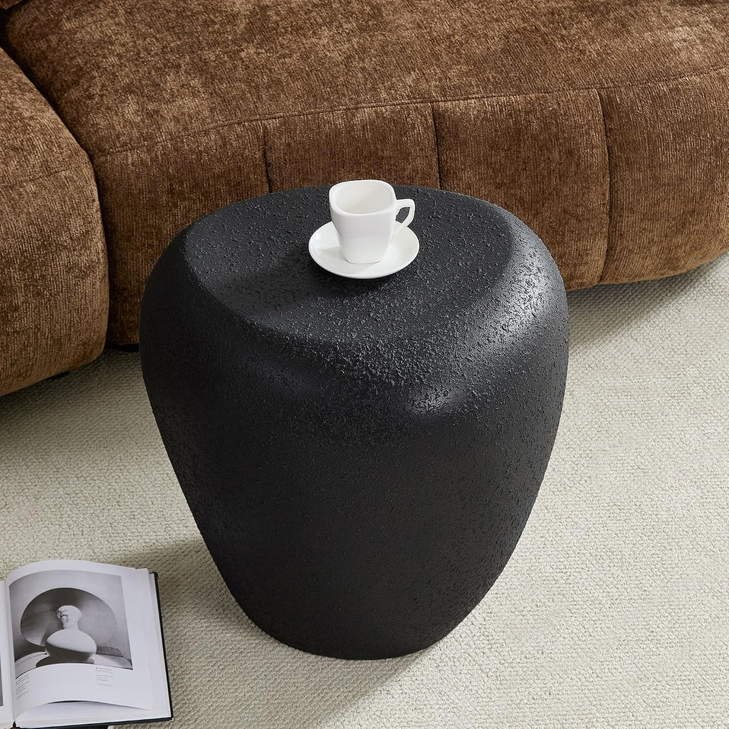 Faux Rock Side Table with Lightly Rought Rock Design,Irregular Drum End Table Fiberglass Accent Stone-Like Nightstand for Living Room,No Assembly