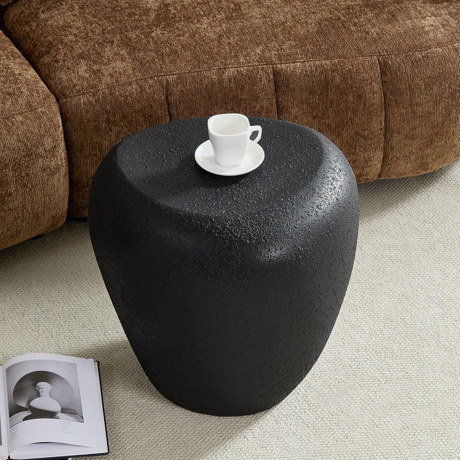 Faux Rock Side Table with Lightly Rought Rock Design,Irregular Drum End Table Fiberglass Accent Stone-Like Nightstand for Living Room,No Assembly